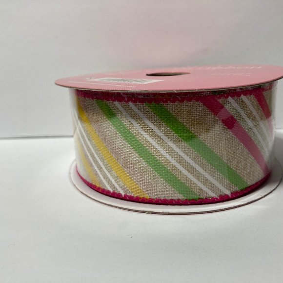 2 Spring Stripe Wired Ribbon 1.5" 25' Pink Yellow - Picture 7 of 12